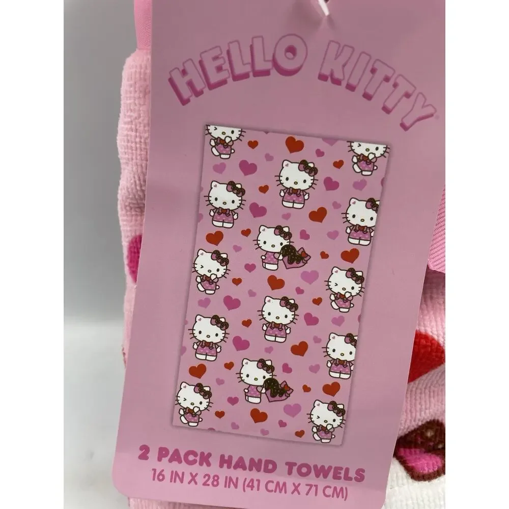 Hello Kitty Valentines Day 2 pk Pink Chocolate Hearts Hand Towels 16x28
